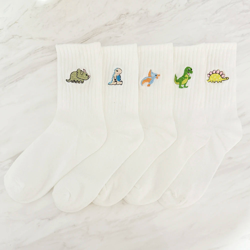 5 Pairs/Pack Cute Women Embroidery Dinosaur Socks White Lovely Cartoon Animal Vintage Shortnovelty Crazy Funny Cozy Socks