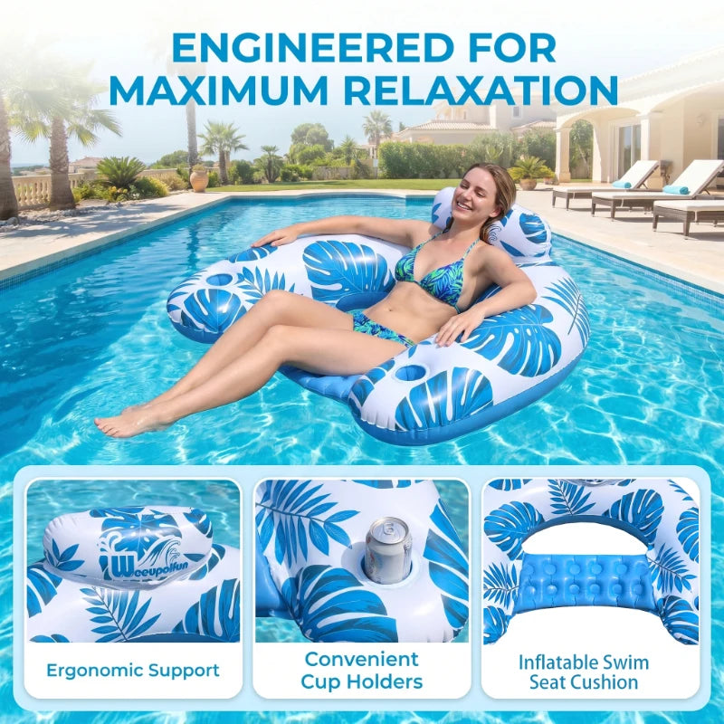 Inflatable Tropical Leaves Pool Lounger with Headrest Cup Holders Floating Raft Chair for Summer Water Fun Party