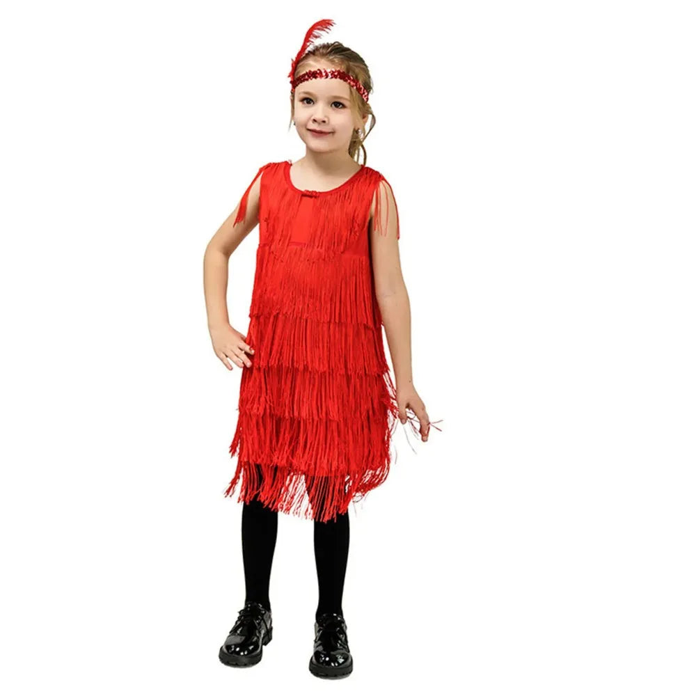 Girls Latin Dance Fringe Dress Kids Flapper Costume 1920s Jazz Tassel Outfit for Party Ballroom Performance Halloween