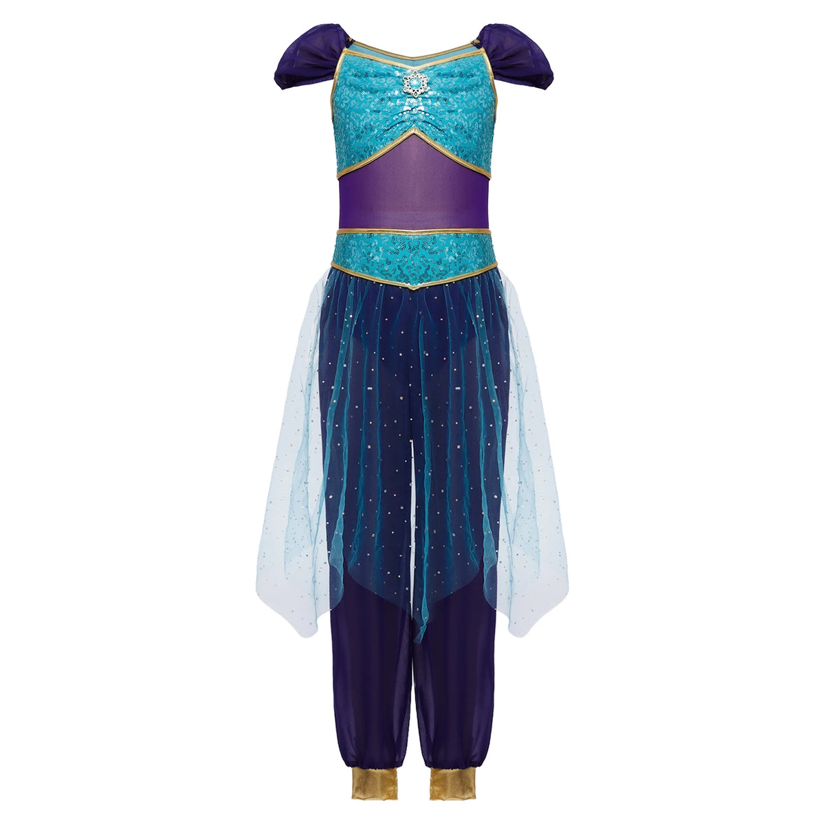 Children's Sequined Tulle Overlay Jumpsuit for Girls Arabian Princess Cosplay Costume Belly Dance Rompers for Halloween Outfit