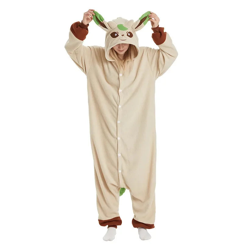 Leafeon Onesies Kigurumi Cosplay Pajamas Winter Warm Sleepwear Pijamas Adults Halloween Full Body Costume Outfit