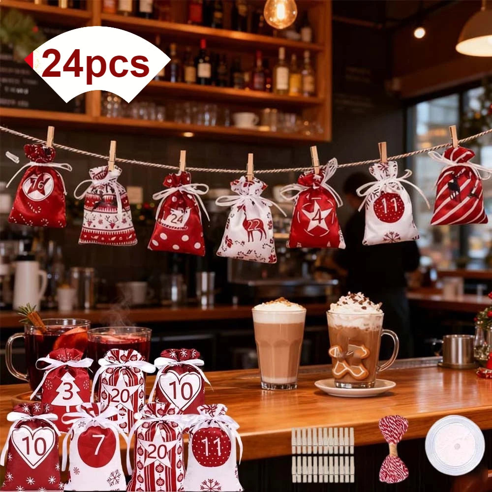 New Style Drawstring Christmas Gift Bag Set Advent Calendar Hanging Bags with Countdown Function for Halloween Candy Storage Bag