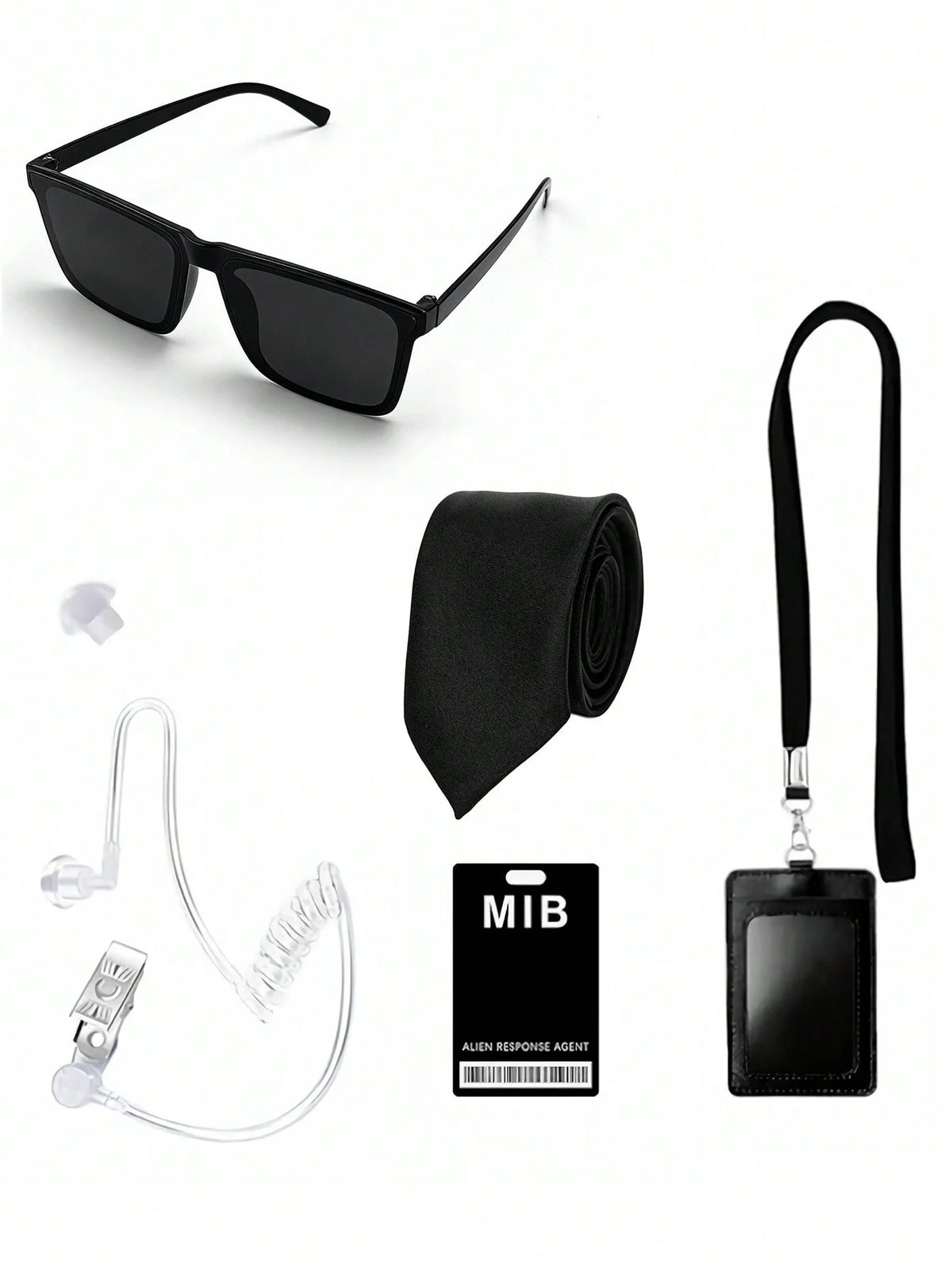 MIB Agent Costume Accessory Set Men Black Sunglasses Tie Earpiece ID Holder Halloween Cosplay Secret Service Agent Outfit Prop