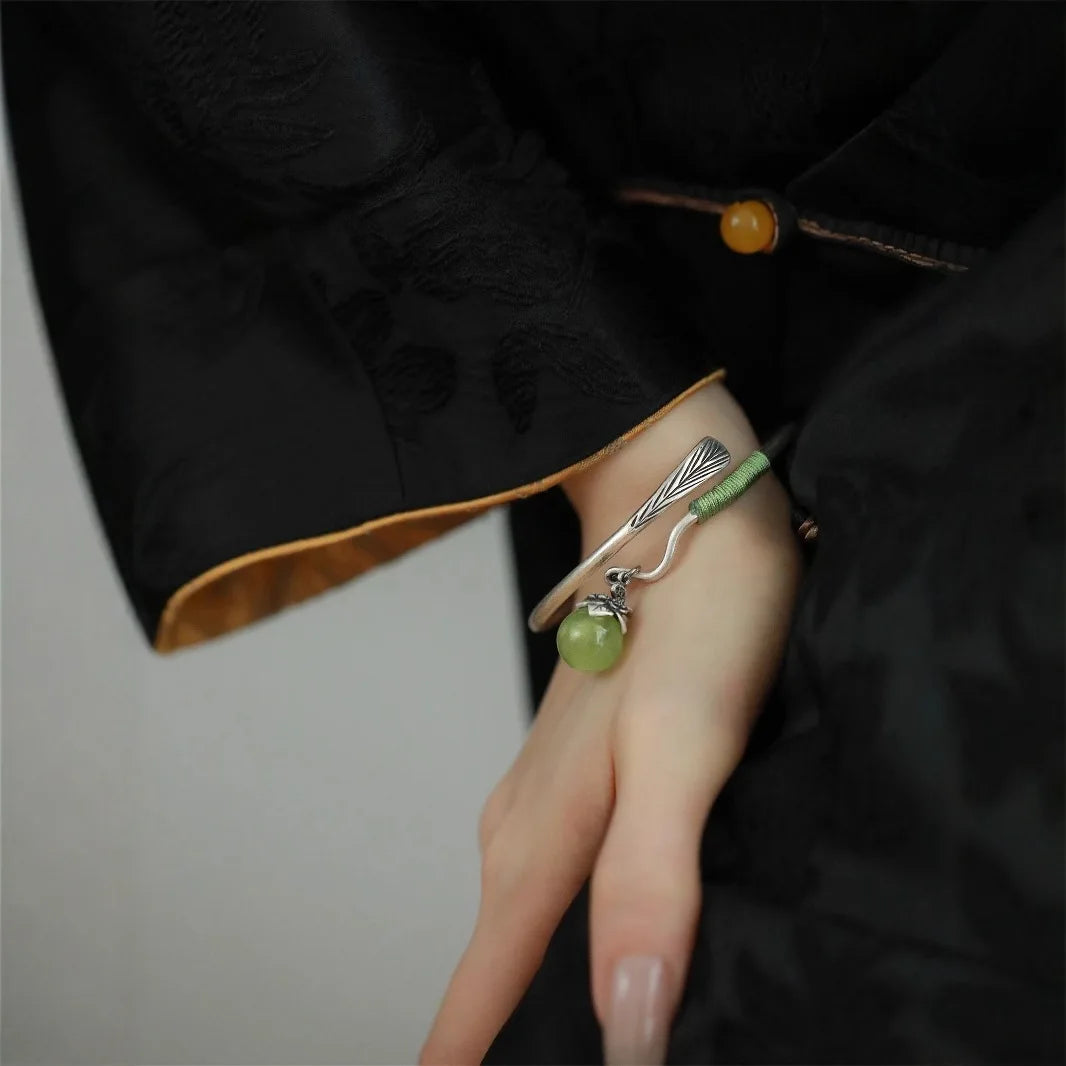 silver 925 Natural chalcedony Round Beads Bracelet Fresh Green Milk Lid and Leaf Opening Bracelets Classic Jewelry Gifts
