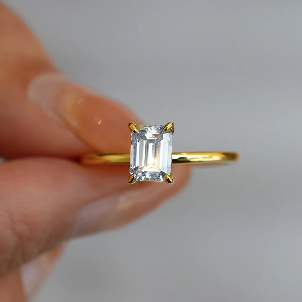 S925 Sterling Silver Rectangular Cut Solitaire Ring - 1/2/3 Carat D Color VVS Moissanite Gold Plated Jewelry for Women