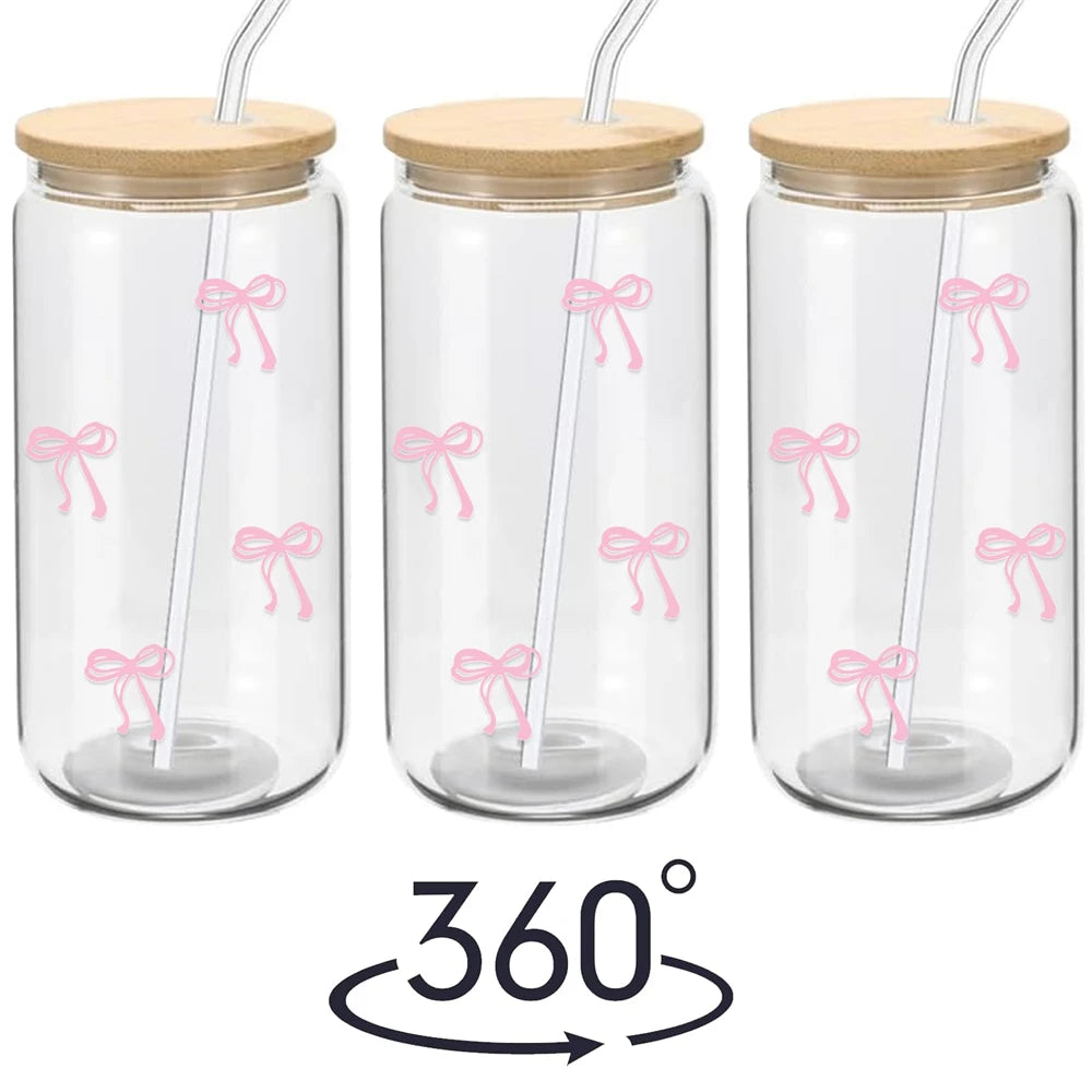 1pc Cute Bow Glass Cup 500ml Tumbler Mason Jar Shaped Bottle With Lids Straw Coffee Cups Party Gift for Iced Coffee Juice Cup