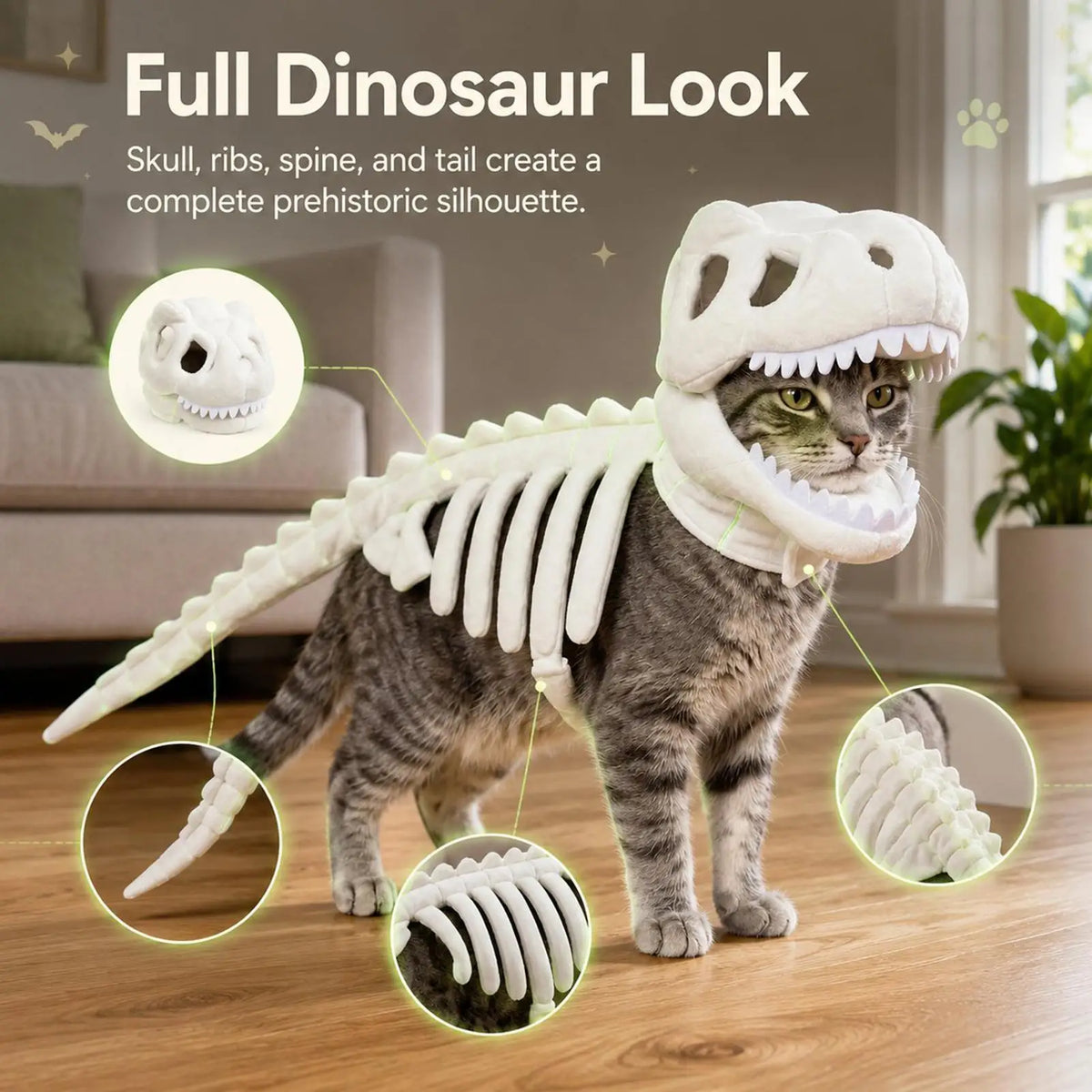 Pet Costume Dinosaur Skeleton Costume Glowing Skull Head Soft Plush Halloween Outfit Dinosaur Bone Hood Outfits Clothes
