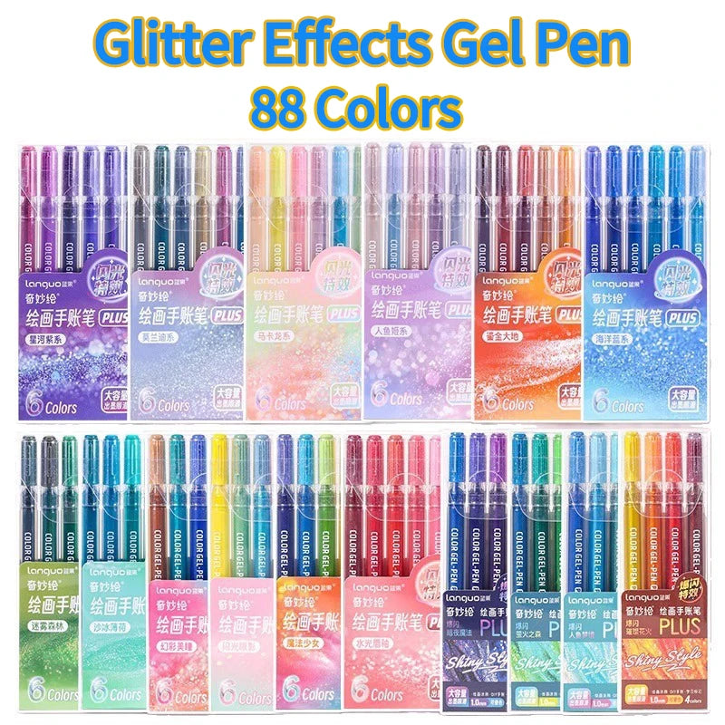 LANGUO 6/88 Colors Glitter Effects Gel Pens 1.0mm Writing Pens Set Paper Cardstock Diary Drawing Marking Coloring DIY New Colors