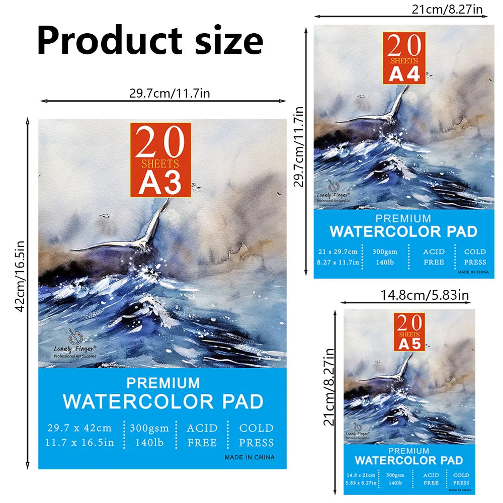 Watercolour Paper A3/A4/A5 300gsm - Professional Artists Water Colour Pad with 20 Sheets - Art Paper for Mixed Media Drawing