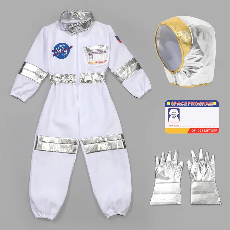 Kids Astronaut Suit Space Costume Halloween Cosplay Party Outfit for Boys Girls School Performance Wear with Hat and Gloves