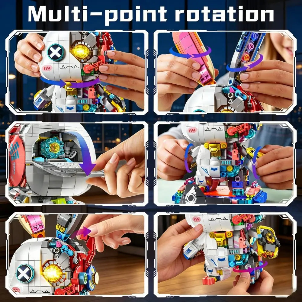 KAVOWORLD 1377PCS Robot Rabbit Building Blocks Set LED Light Up Multi-Point Rotatable Detachable Base DIY Cyberpunk Mecha Building Rabbit Bricks Kit Mechanical Bunny Construction Toy for Home Office Desk Decor Christmas Birthday Gift Teens Adults