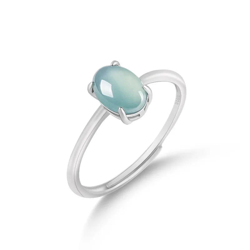 S925 Silver Natural A-grade Jade Blue Water Elliptical Egg Face Ring Ice Seed Jadeite Fashion Women's Gifts Jewelry Adjustable