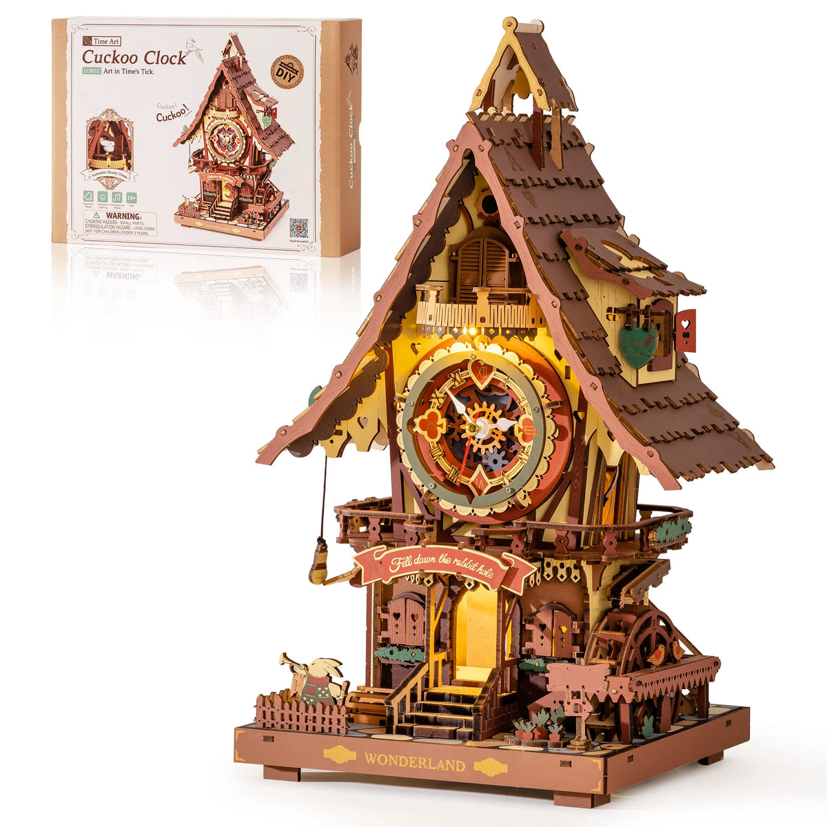 ROKR Wooden 3D Puzzle Cuckoo Clock Mechanical Model Building Kit 435 Pieces DIY Craft Kit with 2 Light for Home Decor Brain Teasers Jigsaw Toys for Adults Teens
