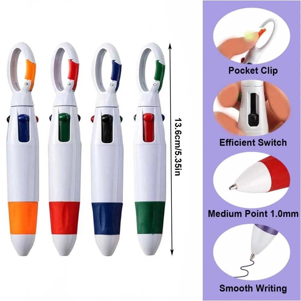 Retractable Shuttle Pens with Carabiner Clip - Pack of 4-12 Bulk 4-in-1 Multi-Colored Ink Ballpoint Pens with Keychain for Adult
