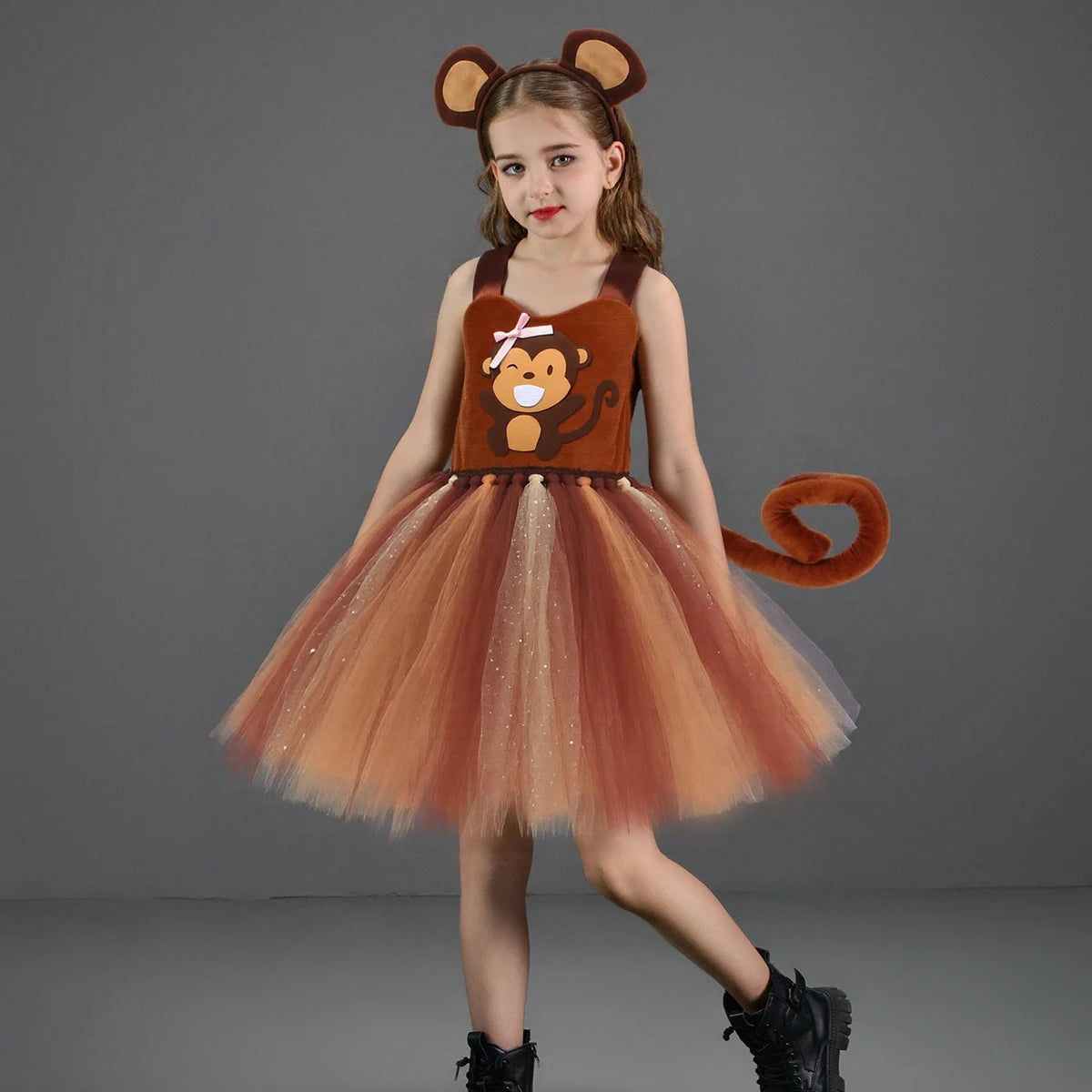 Sparkly Brown Monkey Costumes for Baby Girls Forest Tutu Dress Kids Animal Halloween Outfits Children Birthday Carnival Clothes