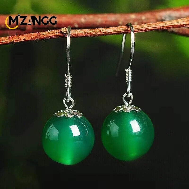Natural S925 Silver Inlaid Chalcedony Round Beads Long Earrings Vintage Green Agate Ear Stud Charming Jewelry Lady Mother Gift