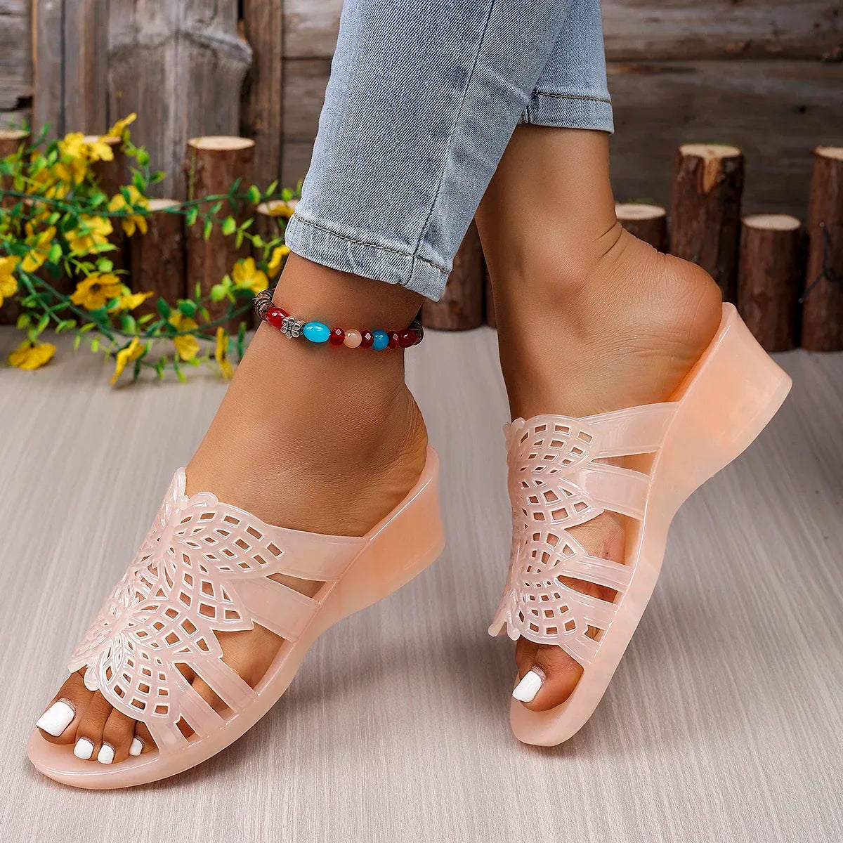 Summer Women Hollow Out Carved Jelly Slide Sandals Wedge Heel Non-Slip Waterproof Sole Beach Bathroom Home Daily Casual Shoes