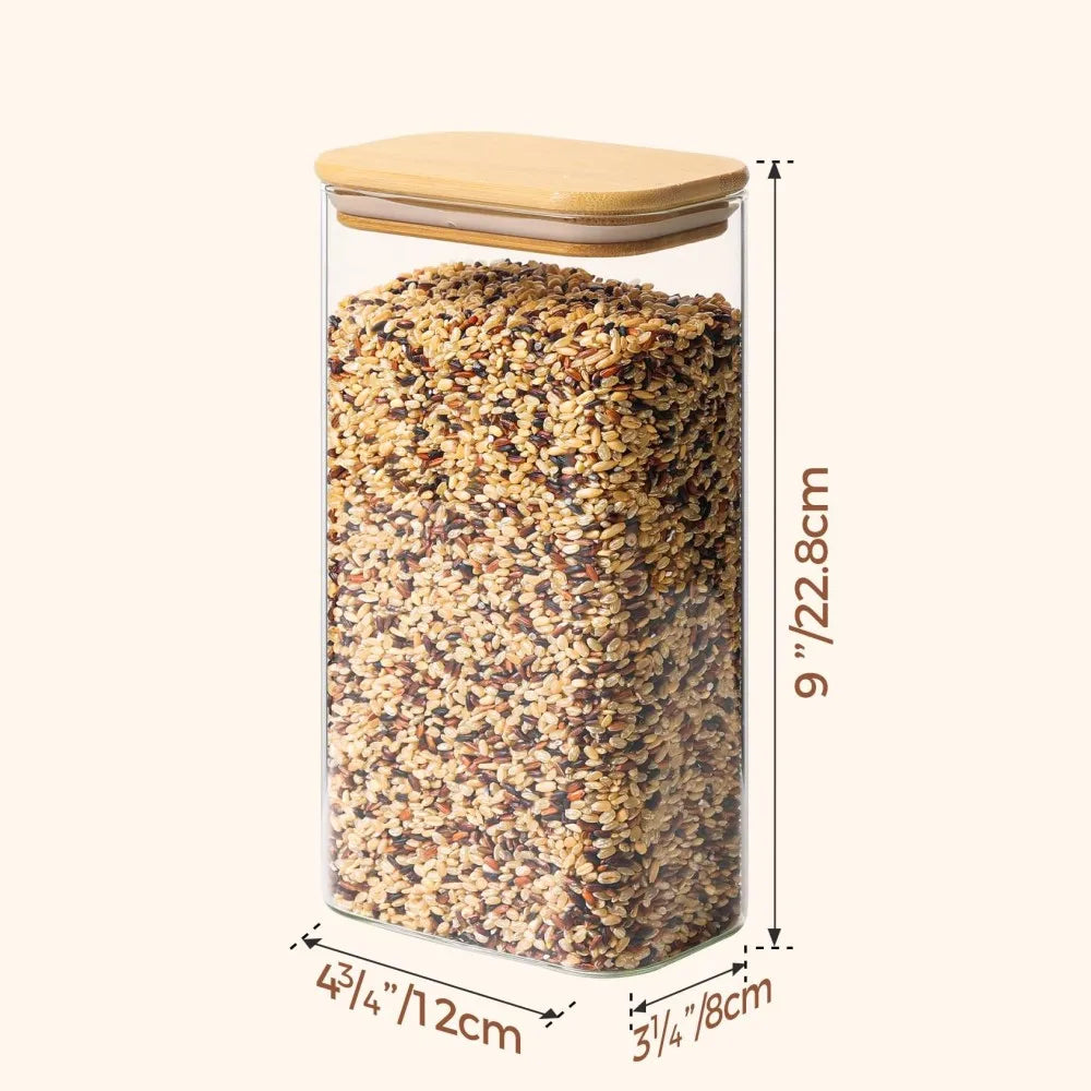 Rectangle Storage Containers Jars with Bamboo Lids, Clear Food Storage Jar, Pantry Kitchen Organizer for Pasta Flour Oats Nuts