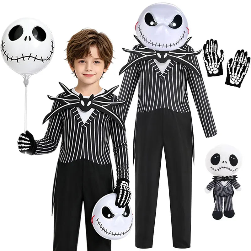 Kids Jack Skellington Cosplay Costume The Nightmare Before Christmas Boys Striped Outfit Halloween Party Fancy Dress Up Set