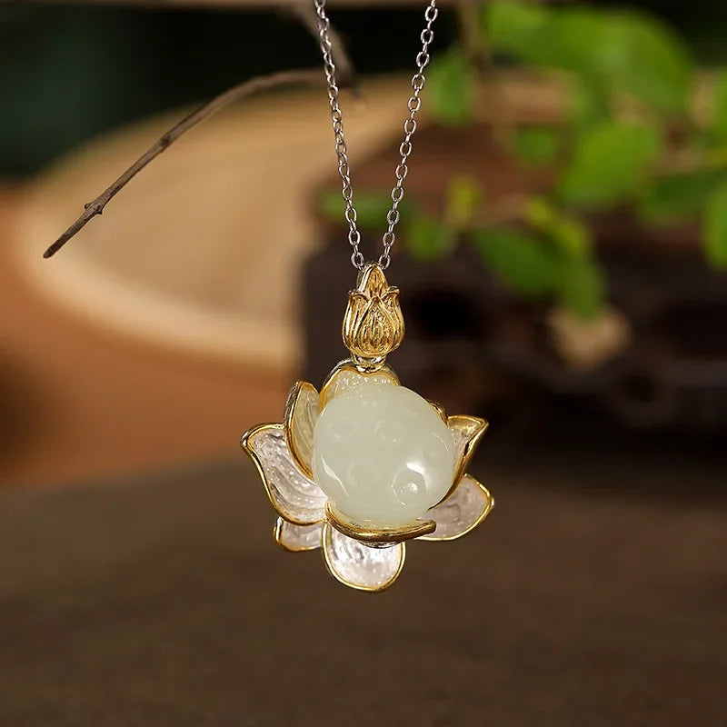 Classic Lotus Flower Jewelry Sets Natural Hotan Jade Various Exquisite Ring Earrings for Women Pendant Hairpin Brooch Bracelets