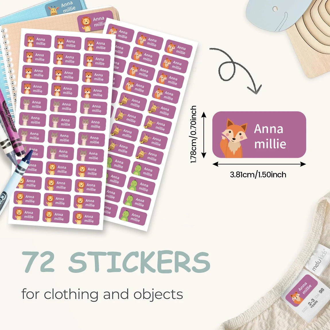 2 Sheets 72pcs Personalized Name Stickers with Cute Animal, Waterproof Custom Labels for Kids’ School, Water Bottles, Books