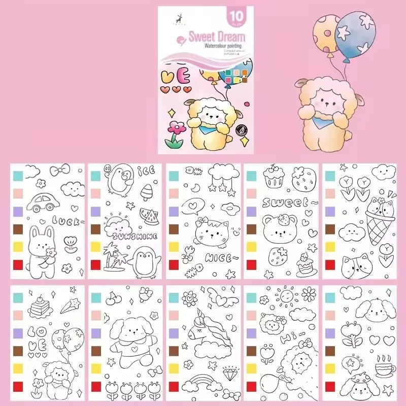 Kids Watercolor Painting Book - Washable Gouache Doodle Coloring Book Painting Paper with Built-in Paints