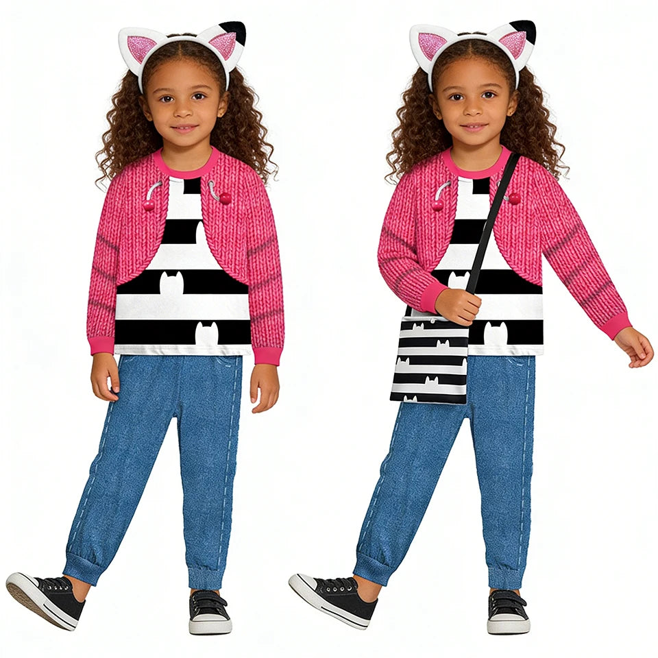 Hot Gabby Cat Cartoon Girls Outfits Halloween Cosplay Birthday Party T-Shirt Pants Children's Pajamas Christmas Kids Casual Wear
