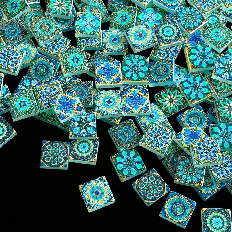 100/200 Grams of Vintage Style Mosaic Material, 2.3*2.3 Blue-Green Mandala Pattern Square Glass Mosaic Tiles, Suitable for Handmade Art Creations, Home Tabletops, Wall and Step Inlays, Garden Outdoor Photography Auxili