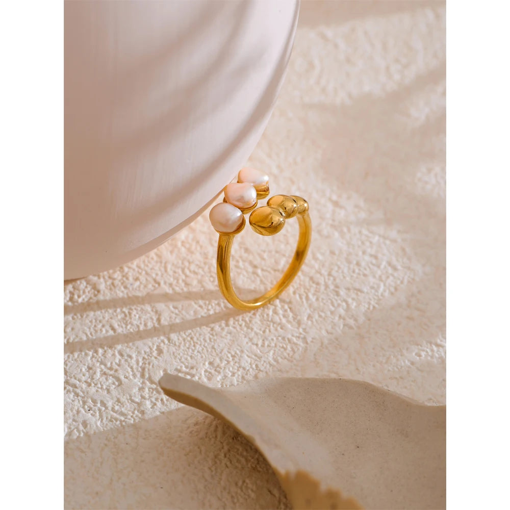 Yhpup Natural Freshwater Pearl High Quality Adjustable Embrace Ring for Women Stainless Steel Charm Fashion Jewelry Gift