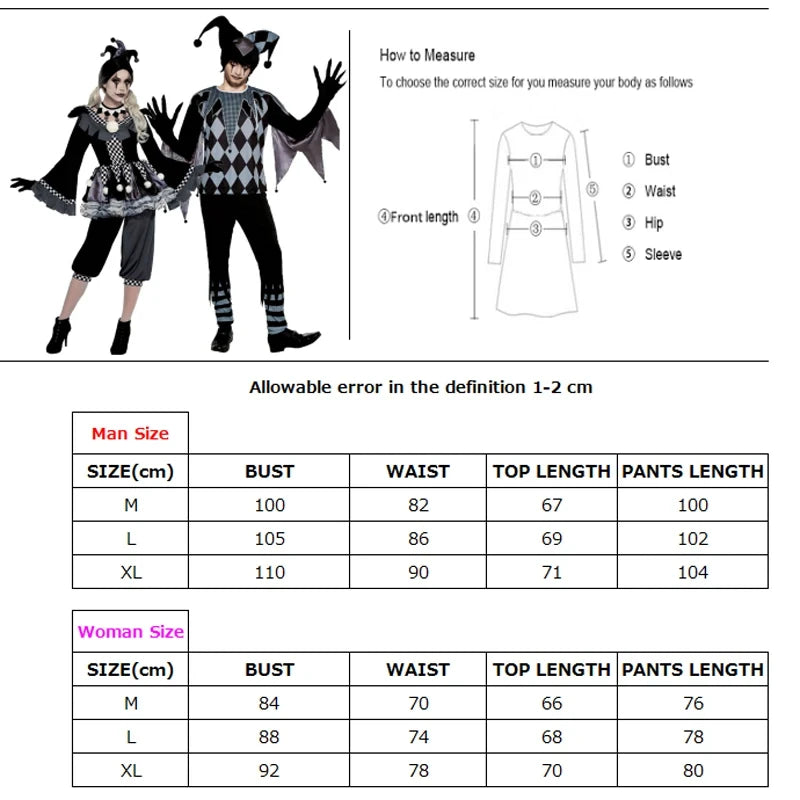 Halloween Couple Man Woman Black Evil Clown Cosplay Crazy Funny Poker Circus Costume Carnival Stage Show Masquerade Party Set