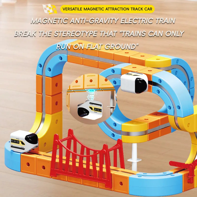 Magnetic Train Set DIY 3D Cube Track Electric Train Set for Kids Flexible Magnet Track Car Toy Stem Learning Building Cube Gift