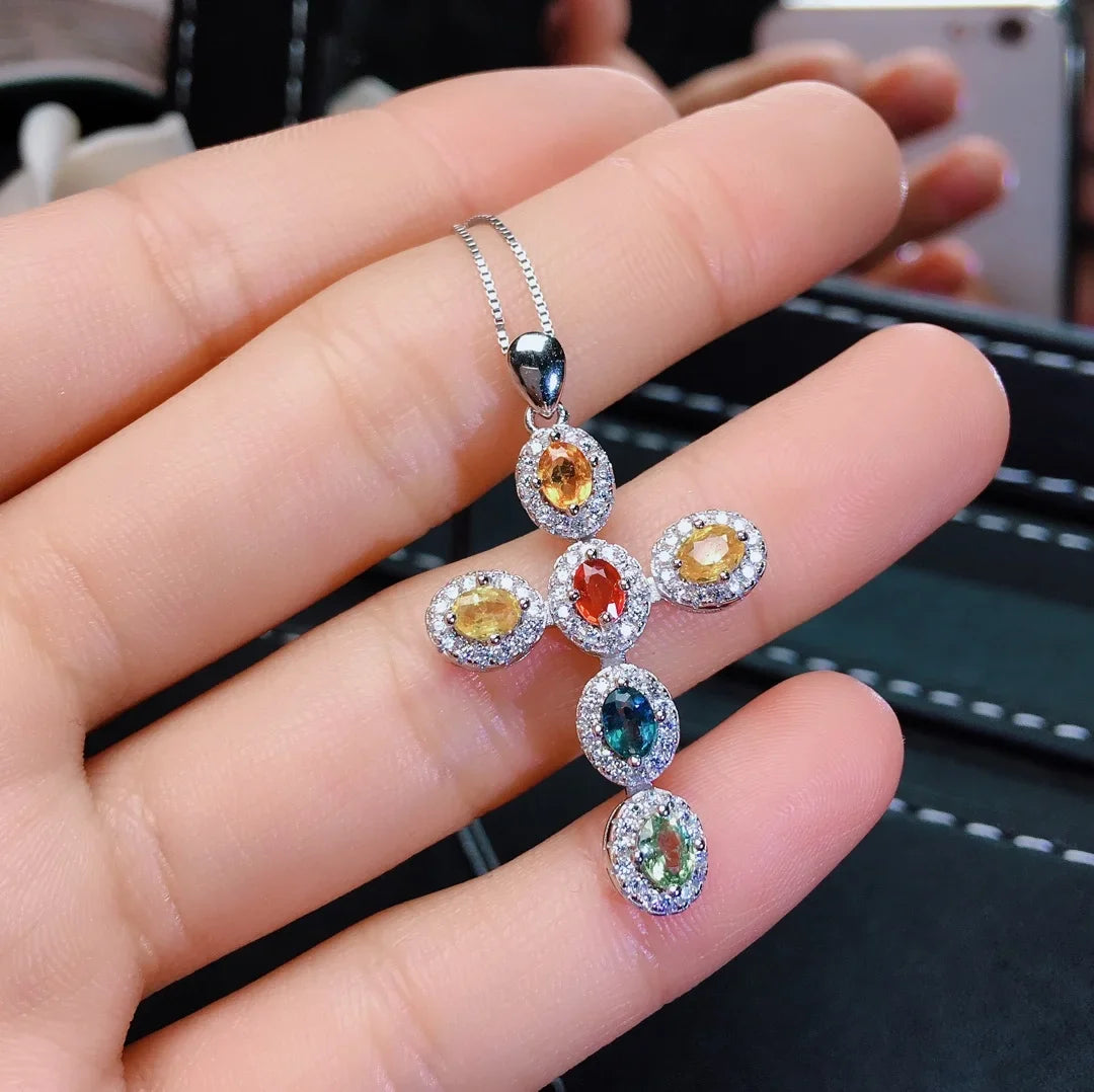 FS 3*4 Natural Ruby/Emerald/Sapphire/Citrine Cross Pendants S925 Sterling Silver Fine Fashion Charm Weddings Jewelry for Women