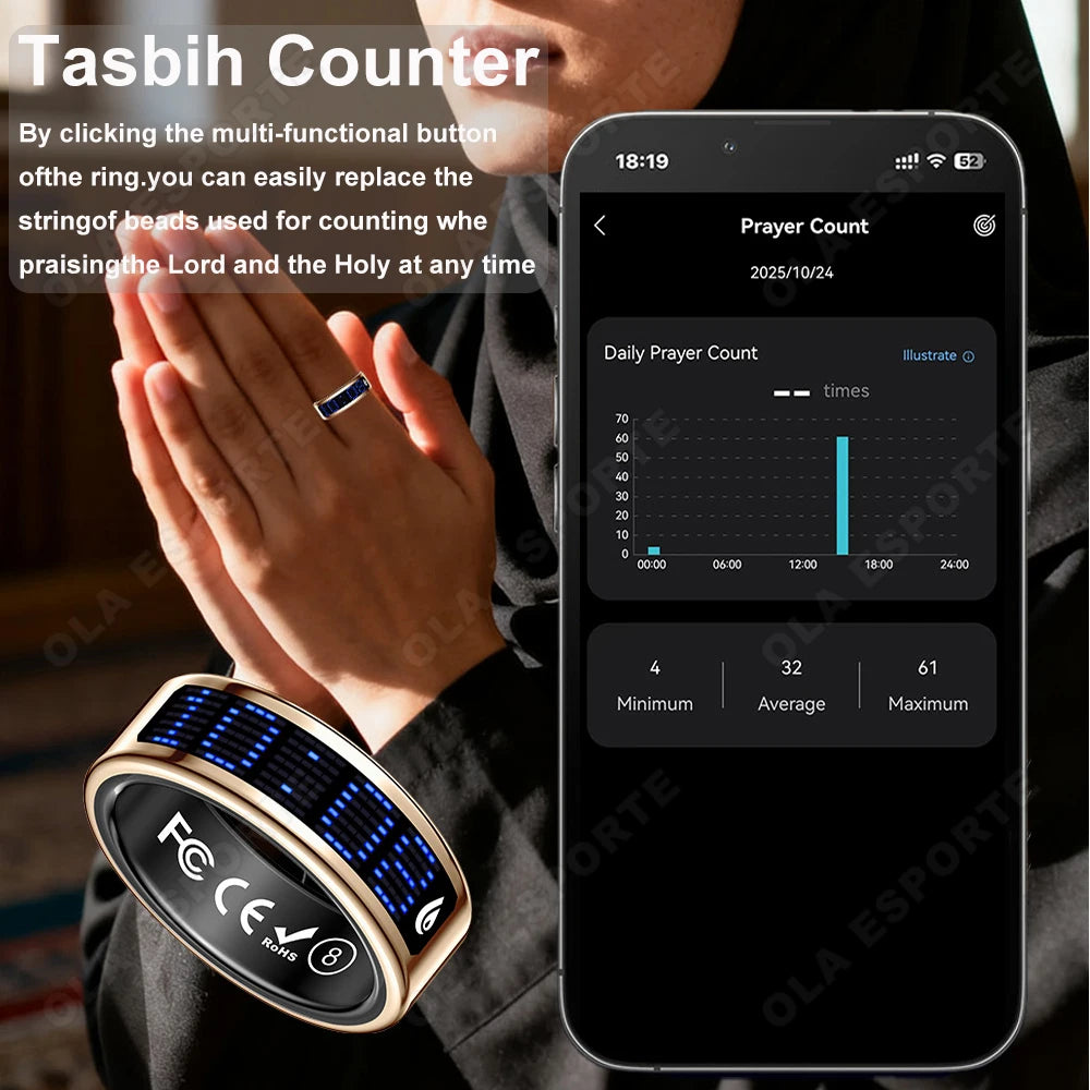 Call ID Reminder Smart Ring Display Screen Touch,Tasbih Counter,Health Manager,5ATM Waterproof Multiple Sport Mode MenWomen HT30
