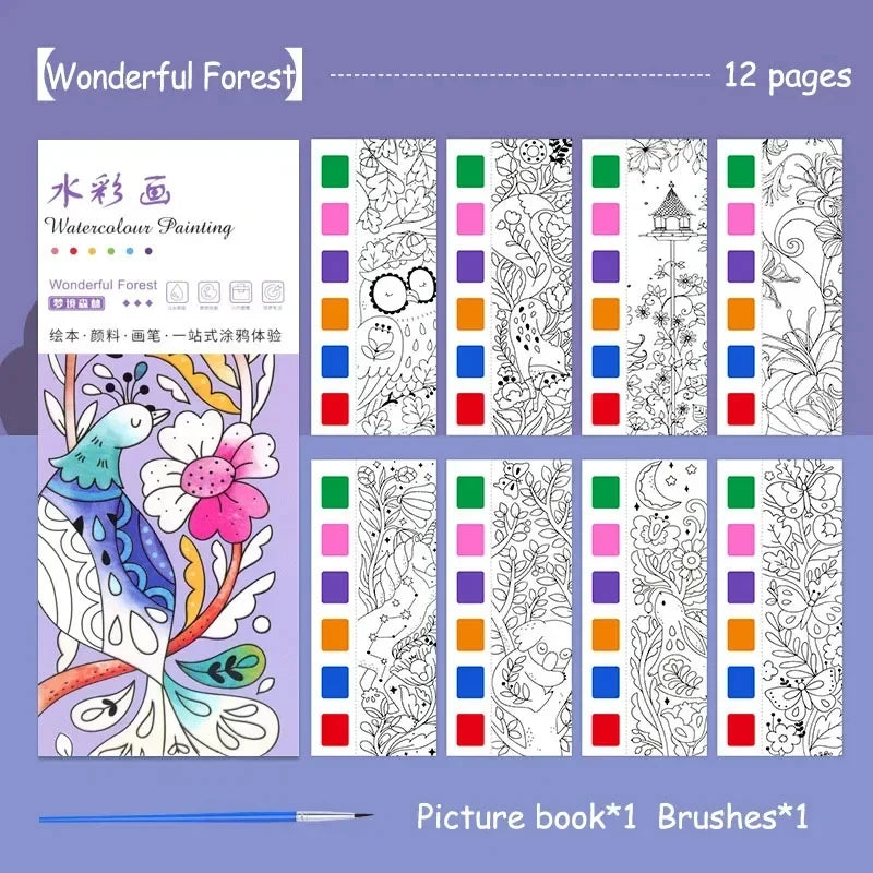 Portable Watercolor Painting Book 12 Sheets Coloring Book With Paint Brush Gouache Book Kids Graffiti Picture Drawing Stationery