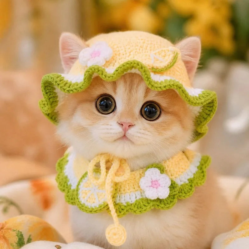 Handmade Crochet Pumpkin Cat Hat & Collar Set Adjustable Knitted Pet Outfit Halloween Photo Accessory for Kitten Small Puppy