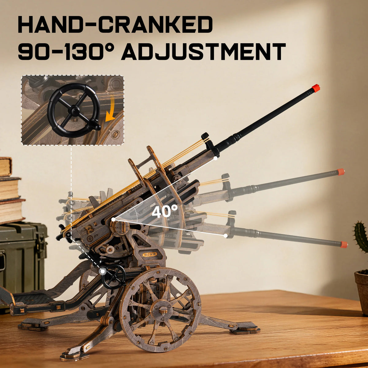 ROKR Anti-aircraft Gun Wooden 3D Puzzle Mechanical Rubber Band Shooting Model Building Kit 133-Piece Puzzle Toys for Desktop Decor Gift for Adults Kids