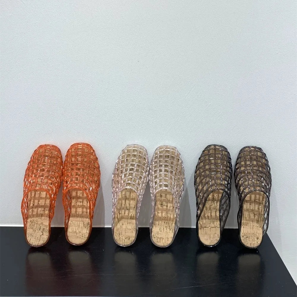 Round Toe PVC Crystal Slippers Non-Slip Transparent Fishing Net Jelly Sandals Soft Flat Low Bottom DIY Shoes Charms Shoes