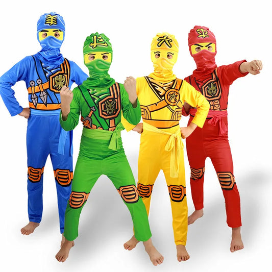 Kids Ninja Samurai Costume Set – Jumpsuit, Hat, Belt & Toy Sai, Heights 110–140 cm