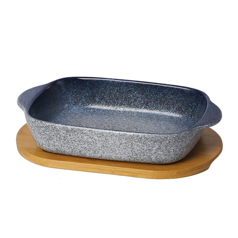 Japanese Tableware Binaural Baking Tray Ceramic Cheese Baked Rice Baking Bowl Oven Special Utensils with Tray Rectangular Plate
