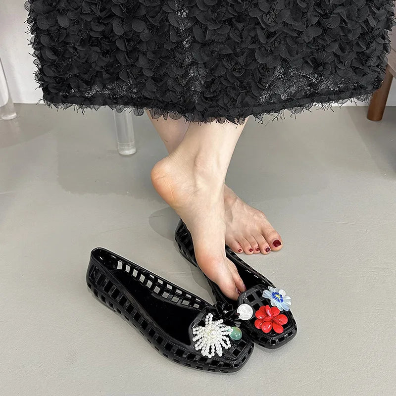 Transparent Crystal Jelly Sandals Hollow Out Slippers Korean Style Flat Shoes Women's Square Toe Shallow Slip on Ballet Loafers