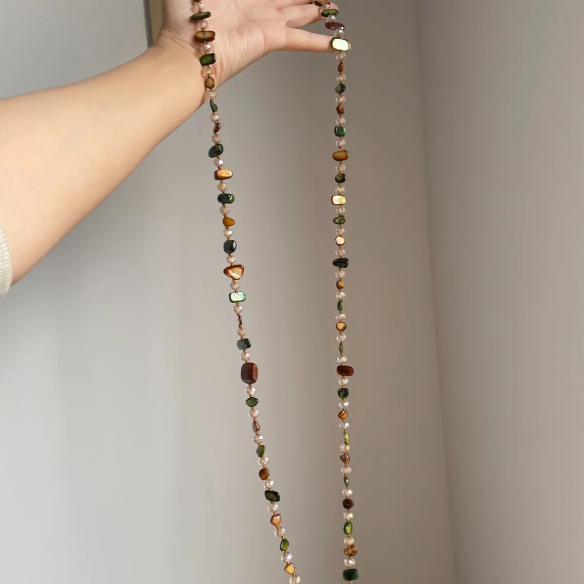 Bohemian Vintage Irregular Natural Stone Necklace for Women Handmade Crystal Beads Double Layer Long Sweater Chain Jewelry Gift