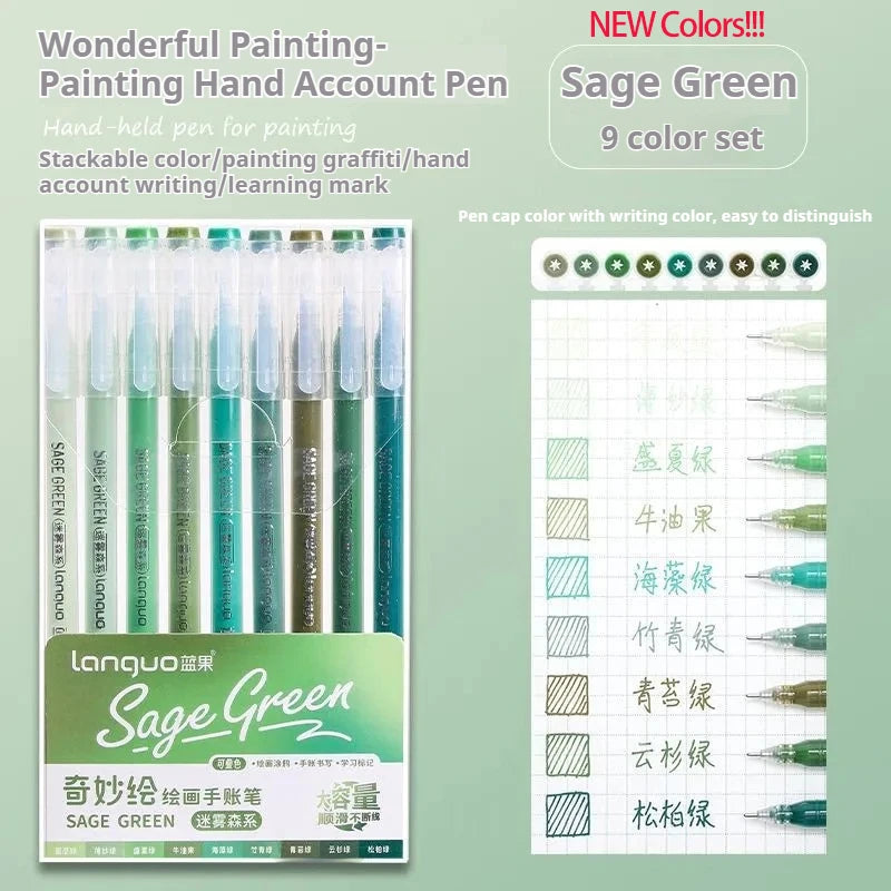 Languo Gel Pen Large Capacity Handbook Pens 6/9Pcs 0.6mm Student Art Diy Doodling Drawing Markers Office Kawaii Art Stationery