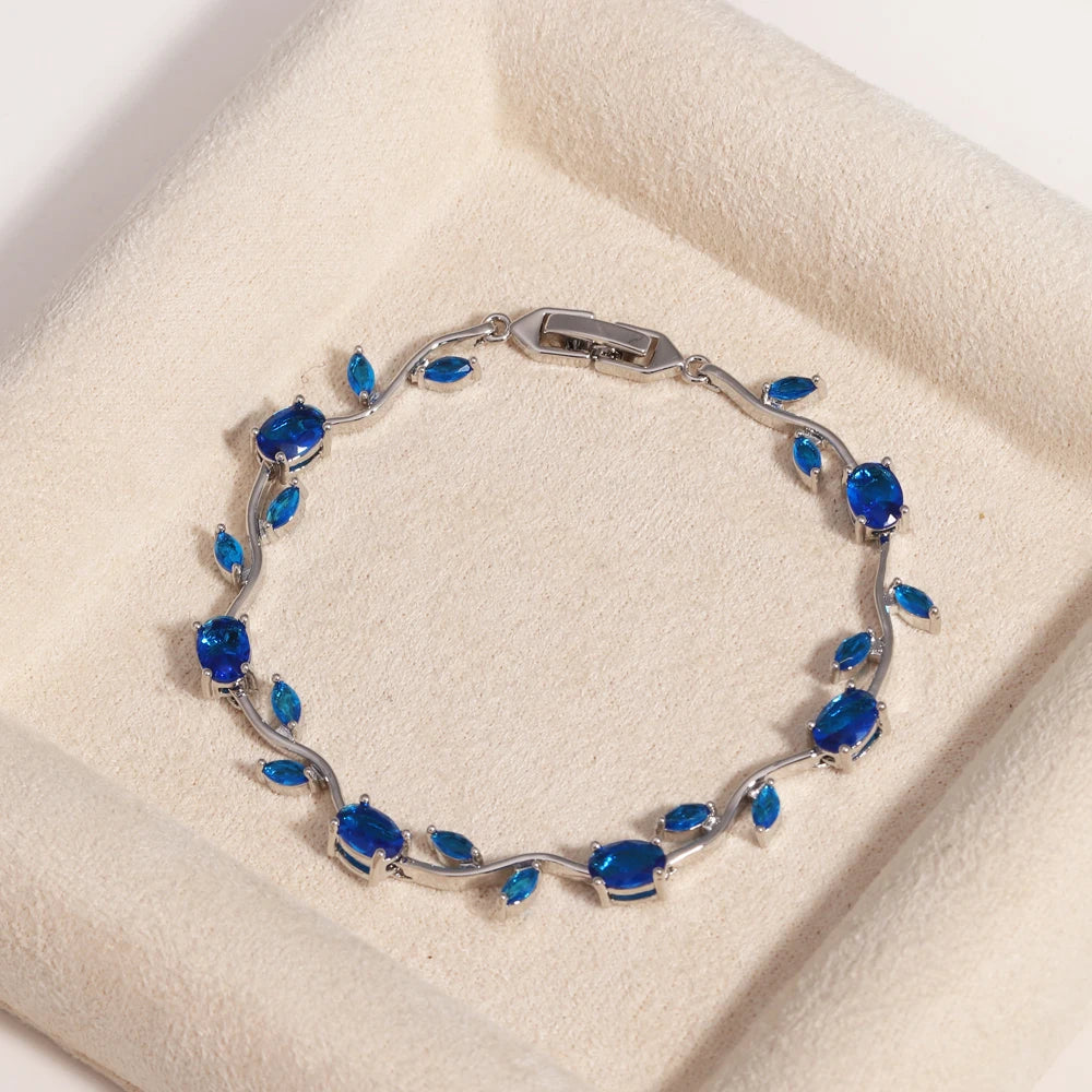 Natural Royal Women Jewelry Silver Color Dark Blue CZ Crystal Leaf Chain Link Bracelets and Bangles for Party Gift
