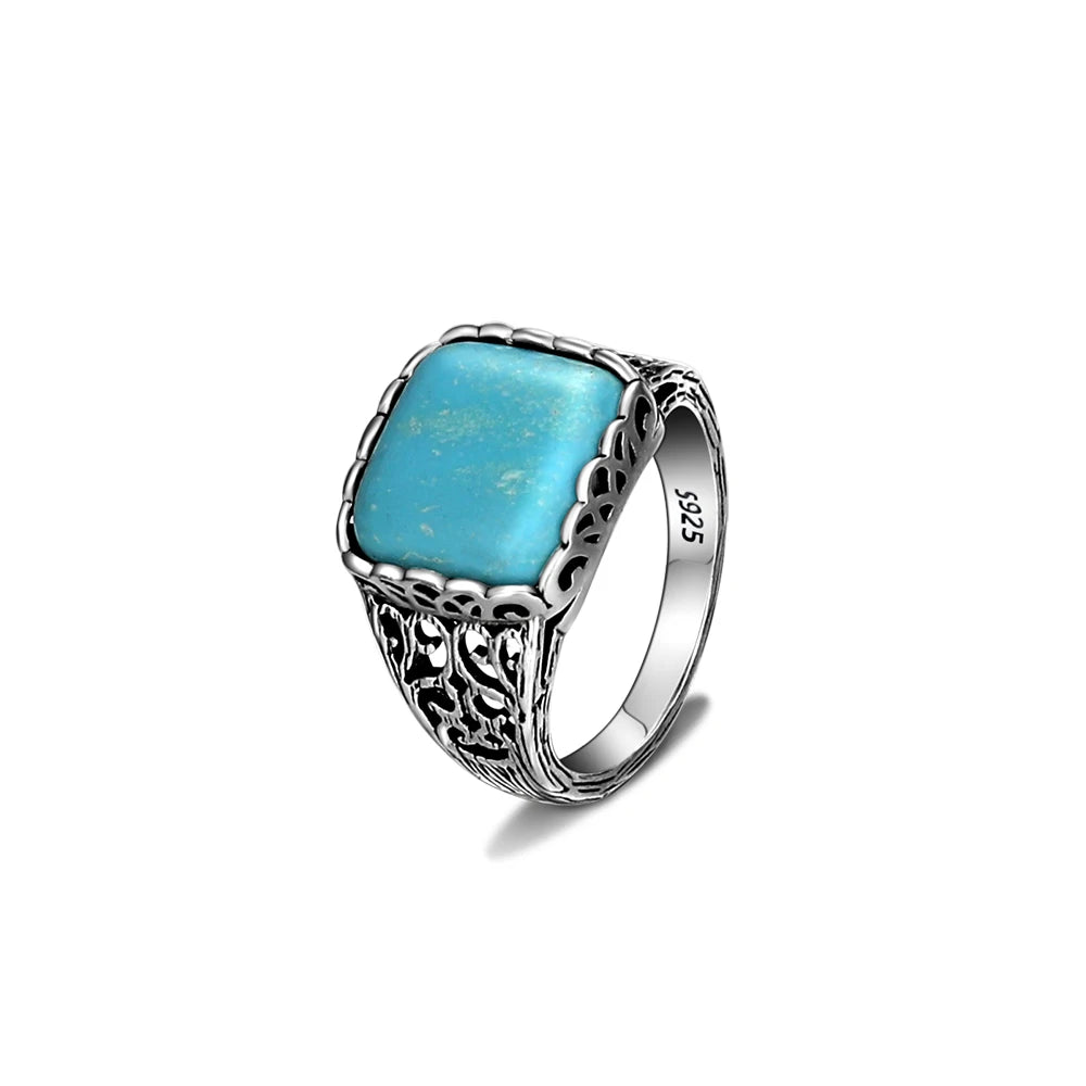 S925 Silver Oval Natural Turquoise Rings for Men Women Silver Fine Jewelry