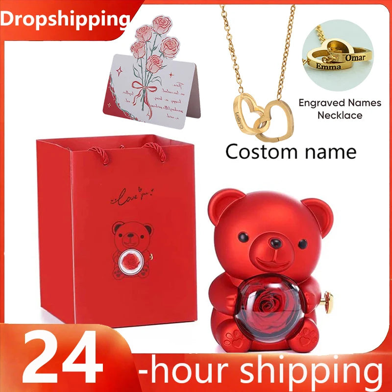 Mini Delicate Heart Engraved Necklace Lovely Bear Jewelry Boxes Valentine's Day Mother Day Birthday Gift Paper Bag Set