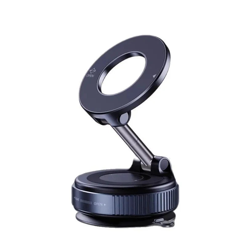 New car phone holder with magnetic suction, folding vacuum suction, rotating folding mechanism, and large silicone suction cup.