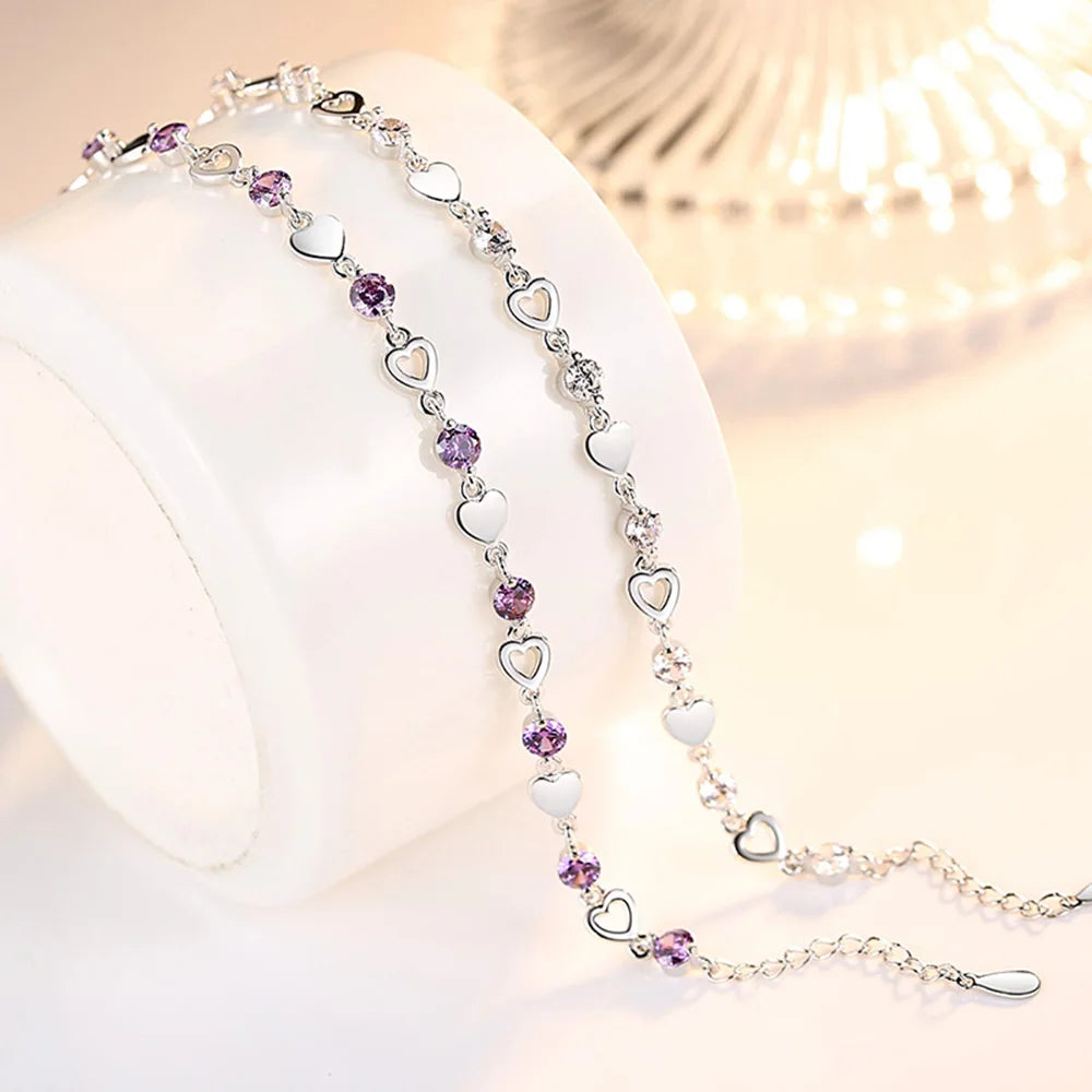 Round Natural Amethyst 925 Sterling Silver Romantic Heart Bracelet for Women Purple Gemstone Statement Jewelry Pulseira De Prata