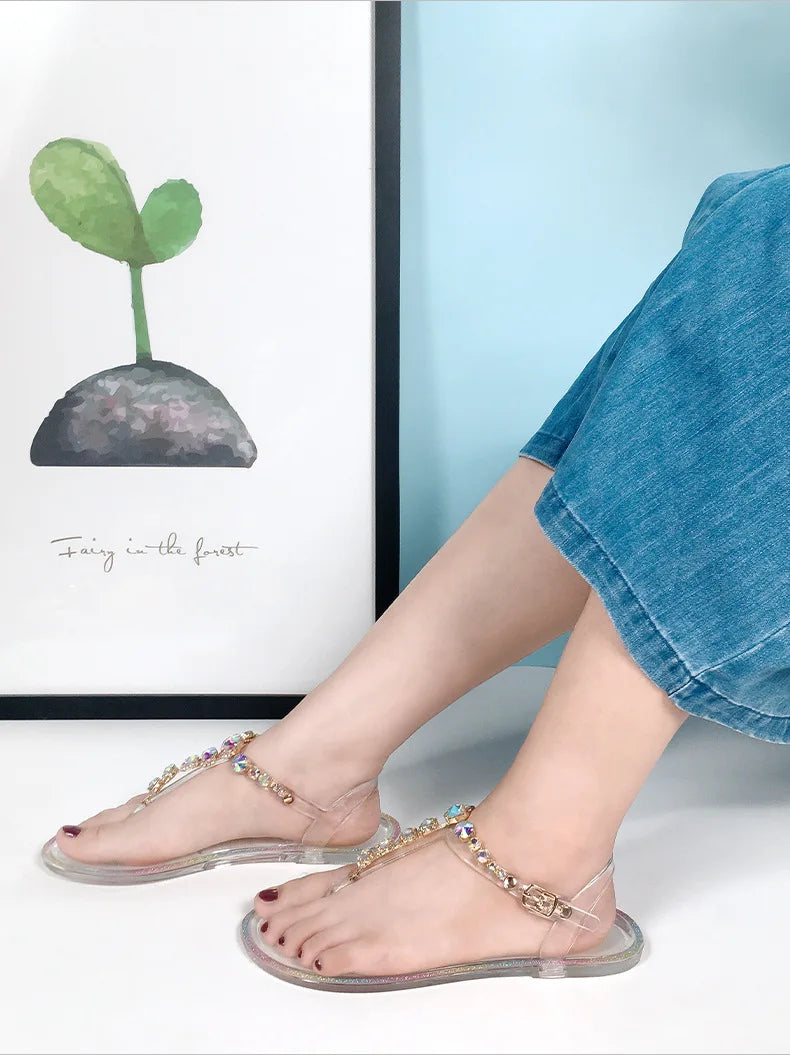 Size 36-42 Women Girls Jelly T- Tied Sandals INS Hot Sales Diamond Transparent PVC Summer Berach Flip-flop Shoes S1055