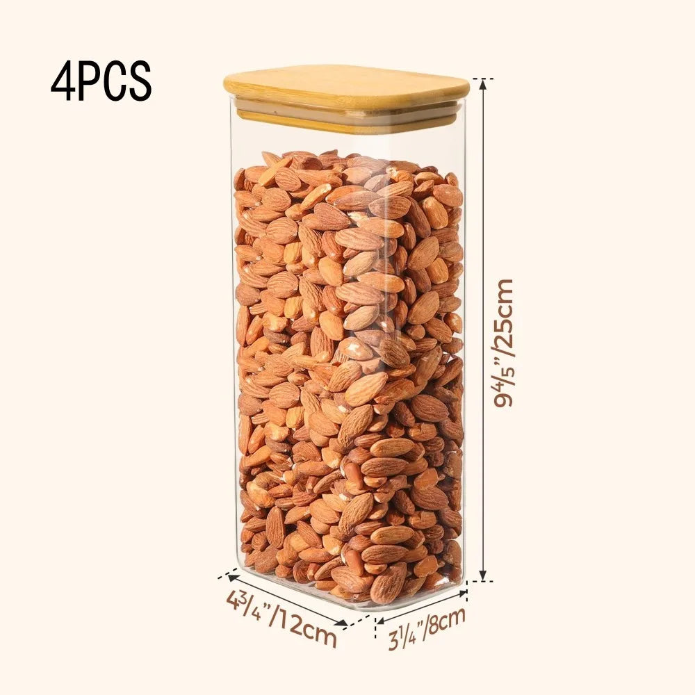 Rectangle Clear Storage Jars with Bamboo Lids For Sugar Coffee  Pantry Organizer Container for Pasta Tea Candy Nuts