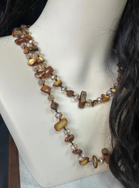 Bohemian Vintage Irregular Natural Stone Necklace for Women Handmade Crystal Beads Double Layer Long Sweater Chain Jewelry Gift